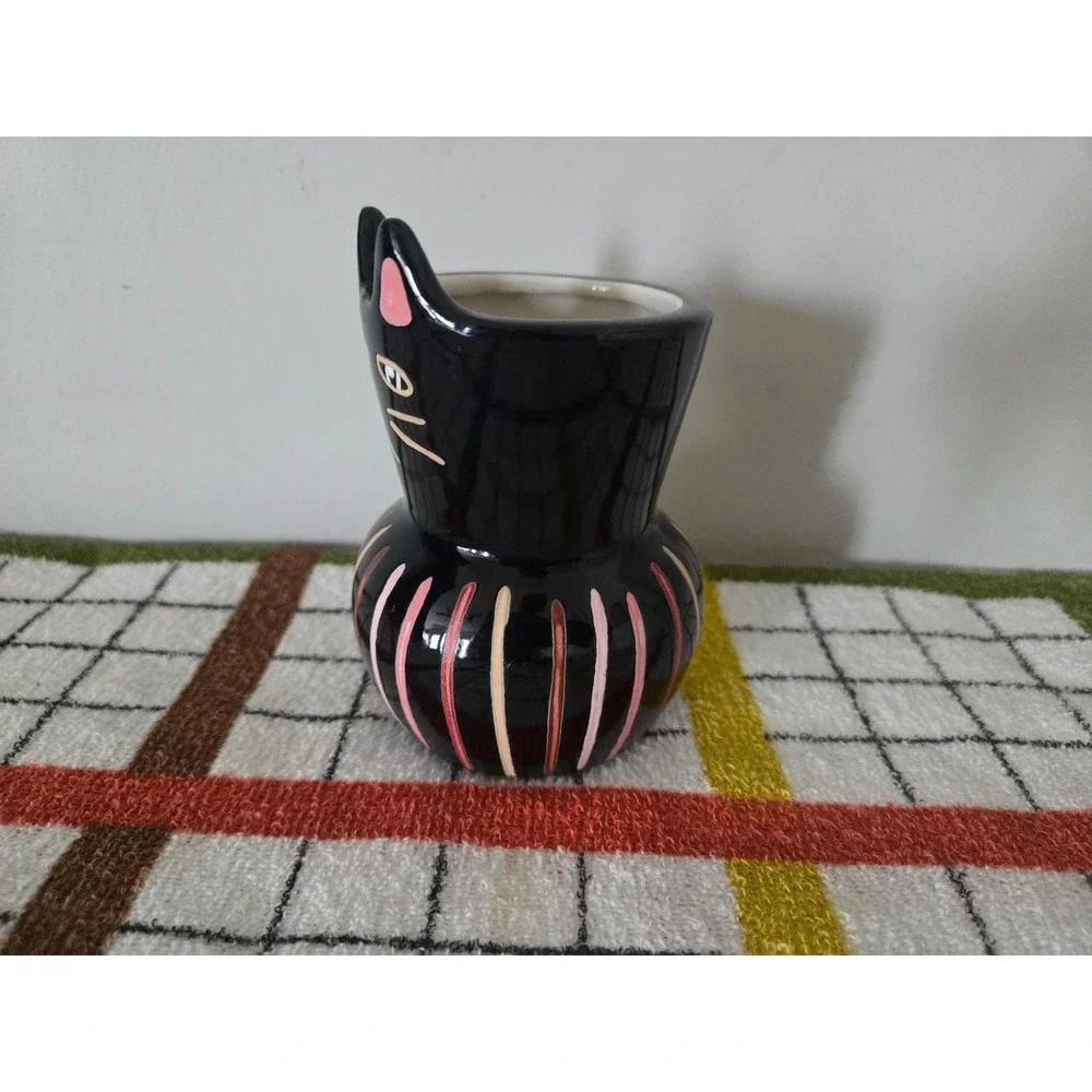 Black Cat Ceramic Bud Vase Striped Hand Painted Decorative Figurine 4 inch
